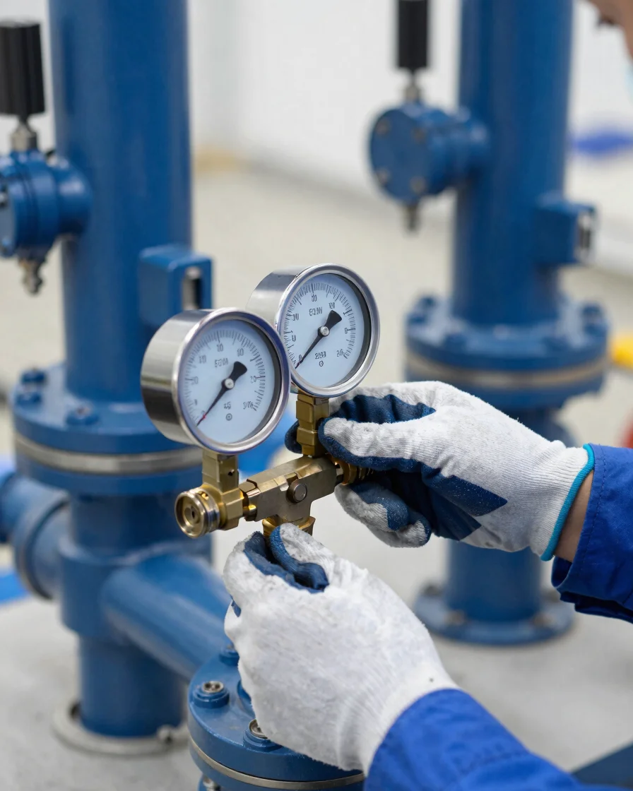 Close-up of a technician's gloved hands adjusting a pressure gauge on a complex pumping system, clean industrial environ