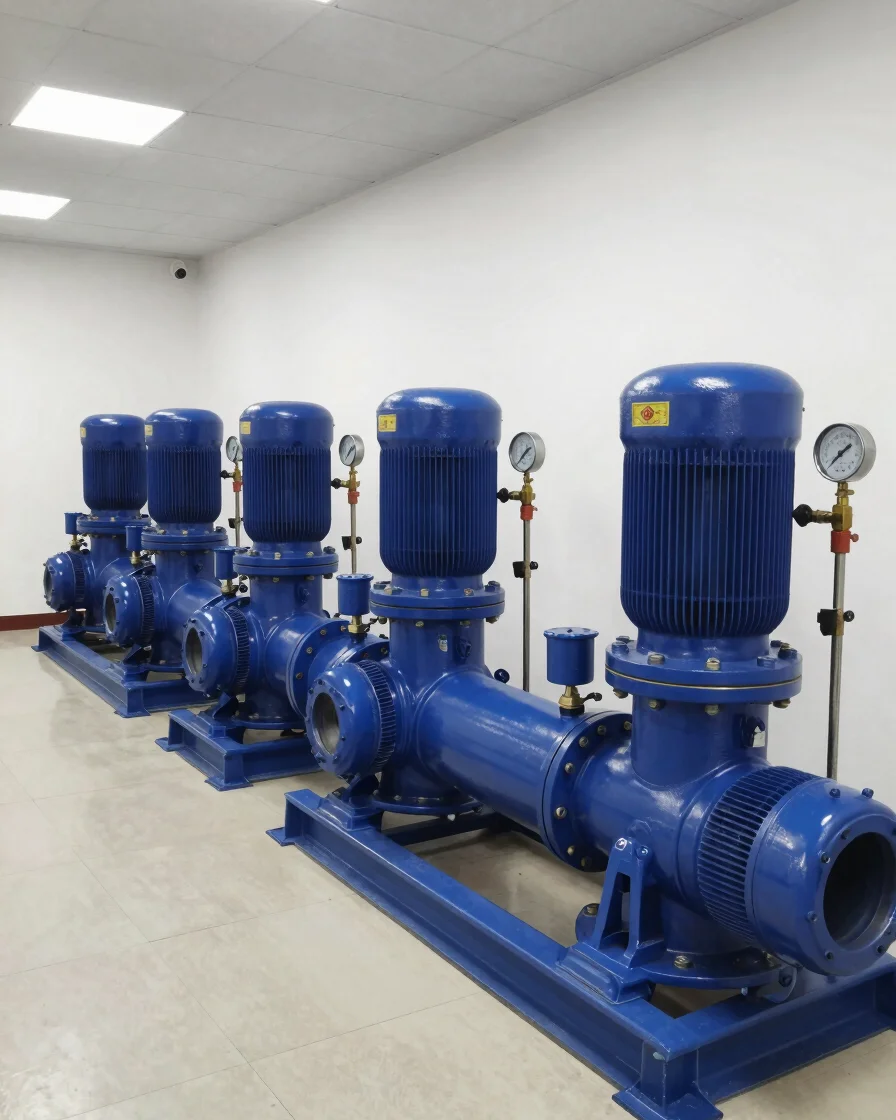 Clean industrial machine room with neatly installed pumping syste