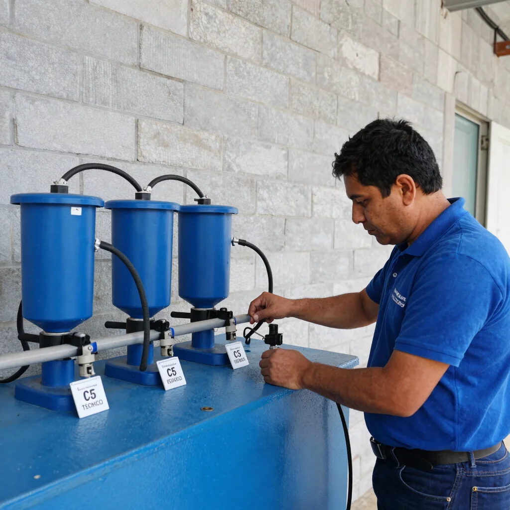 Técnico con equipo de protección revisando conexiones en un siste